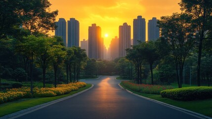 Obraz premium Sunset view of city skyline from a park road.