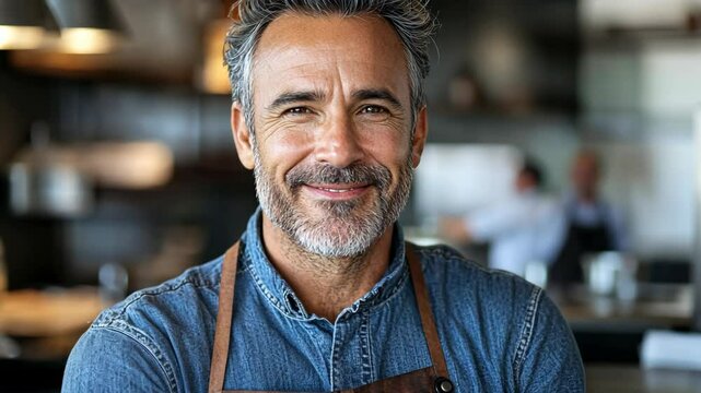 close up old a man owner of local restaurant smiling with restaurant kitchen background