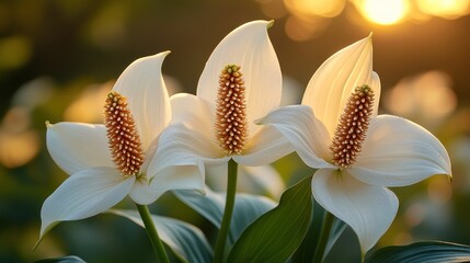 Obraz premium Three white peace lilies illuminated by golden sunset light.