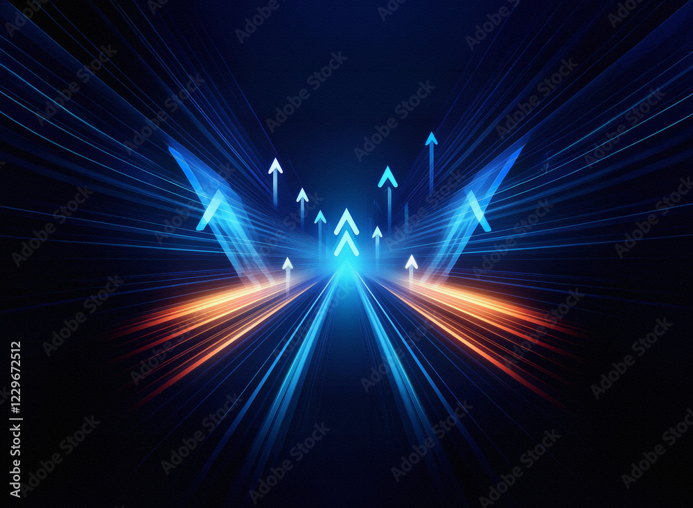 Poster abstract image depicting a glowing road with upward-pointing arrows, symbolizing progress, growth, a