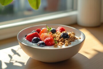 Delicious breakfast bowl of creamy greek yogurt with fresh berries and granola modern kitchen setting natural light healthy eating concept
