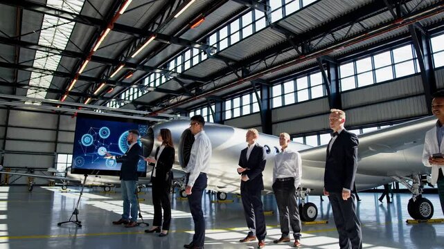 Business professionals discuss innovative aerospace technology in a modern hangar setting