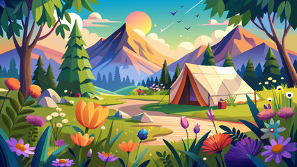 lavish camping retreat surrounded by vibrant wildflowers, featuring spacious tent and beautiful natural scenery. sunlight creates warm and inviting  © williamnoah