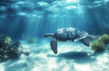 Obraz premium Serene Green Sea Turtle Gliding Through Crystal Clear Ocean Water with Sunlight Beaming from the Surface and Colorful Coral Reef in the Background