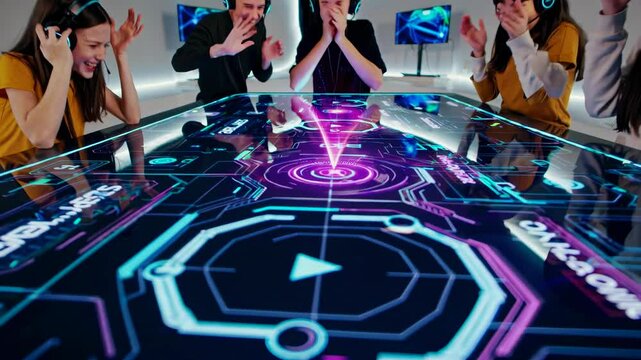 Engaging in an immersive holographic gaming experience in a futuristic setting with advanced VFX and HUD elements