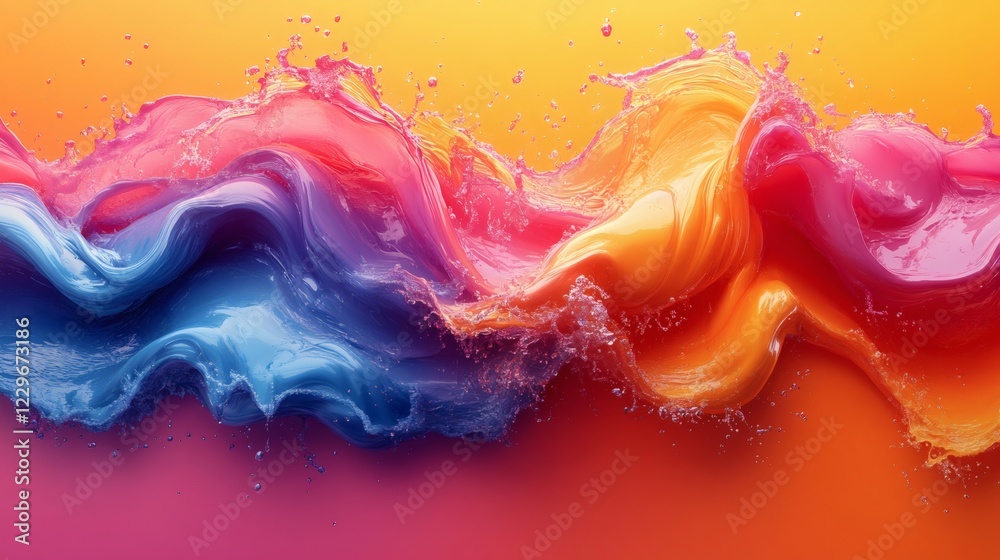 Poster dynamic splashes of colorful liquid flowing smooth exaggerated curves creating a playful cartoonlike