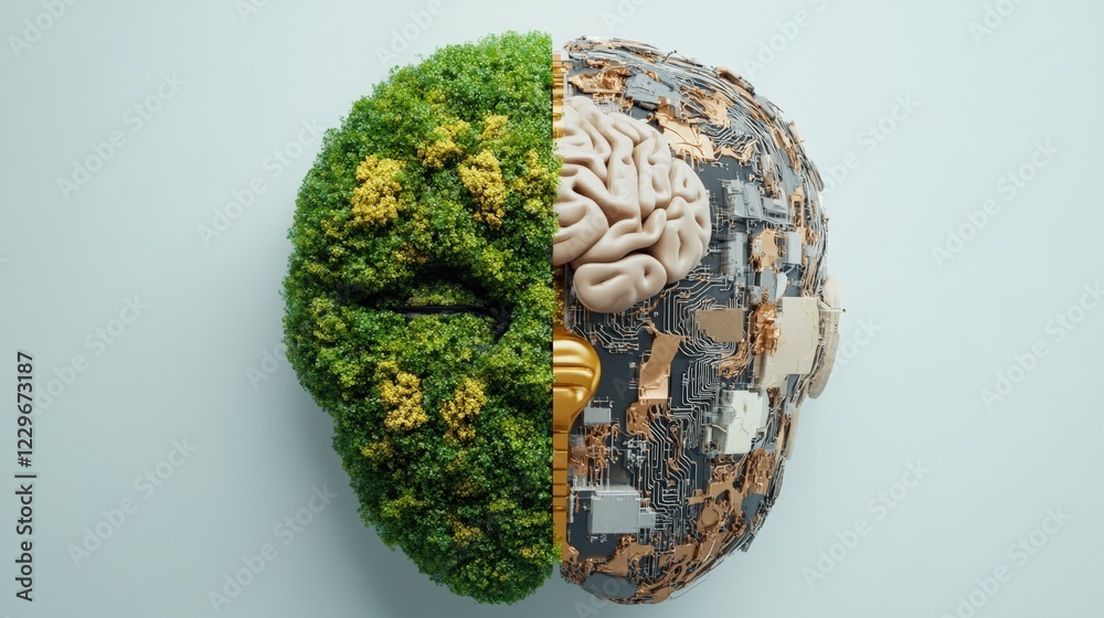 Poster brain shaped from tree branches and computer circuitry representing nature and technology integratio