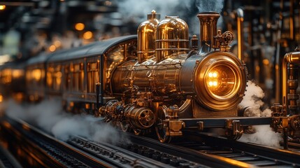 A meticulously detailed model of a vintage steam locomotive, emitting steam and glowing with warm light, sits on a track.
