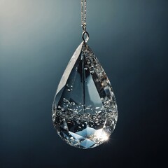 A delicate teardrop-shaped crystal suspended in the air.
