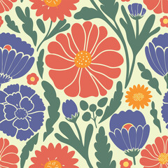 Abstract wildflower pattern. Blooming spring red,blue and off white flowers in elegant. Flowers in pastel colors.eps 10.