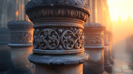 Ornate stone column detail at sunrise, showing intricate carvings and a hazy atmosphere.