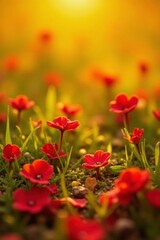 Tiny red flower petals scattered on a sunny yellow field, flowers, nature, petals