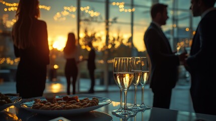 Blurred shot of business people at party in office center, standing and talking, backs turned, with food and champagne glasses on the table, creating a professional and elegant atmosphere