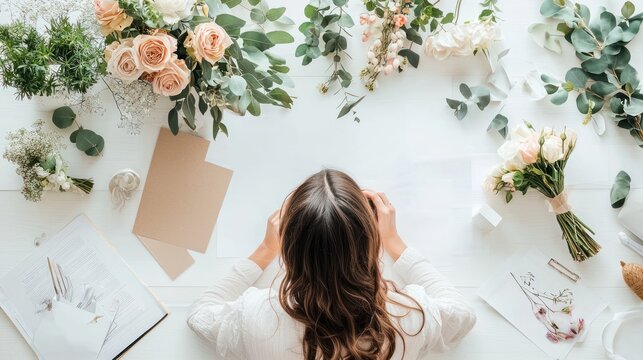 An event designer conceptualizing a wedding setup, with decorations and event planning tools on a white background.