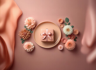Naklejka premium A blush pink gift box with a delicate bow sits on a pale pink plate, surrounded by soft, pastel flowers and flowing fabric. The scene evokes feelings of serenity and celebration.