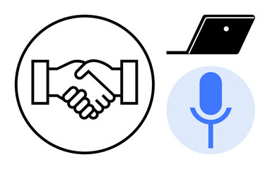 Handshake inside a circle, open laptop, microphone within blue circle. Ideal for business, partnership, connectivity, communication, digital collaboration, negotiation virtual meetings abstract