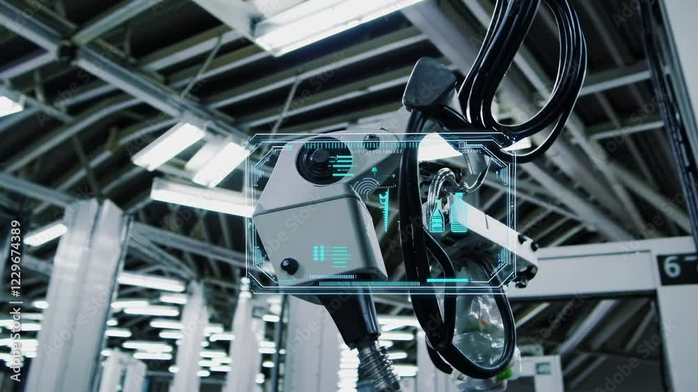 Poster modern factory automation showcases robotic arms performing precise assembly tasks with holographic 