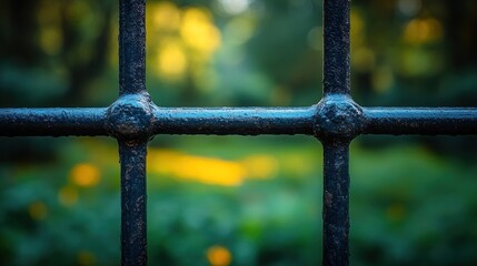 Close-up of dark metal fence with blurred park background.