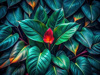 Lush Tropical Foliage Abstract Background: Dark Green Leaves & Vibrant Flower