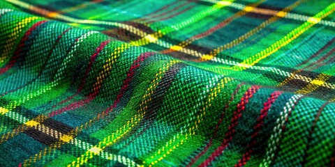 Lush Green Scottish Wool Plaid Fabric Close-Up: Textured Background for Tailoring