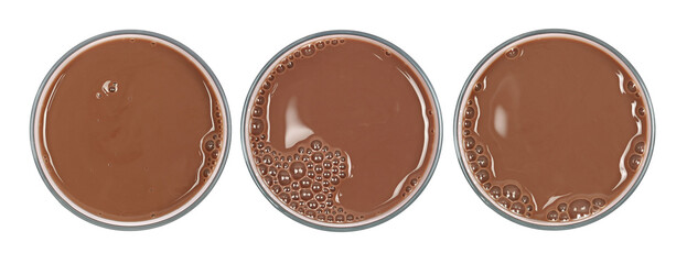 Set chocolate milk in glass isolated on white, top view	