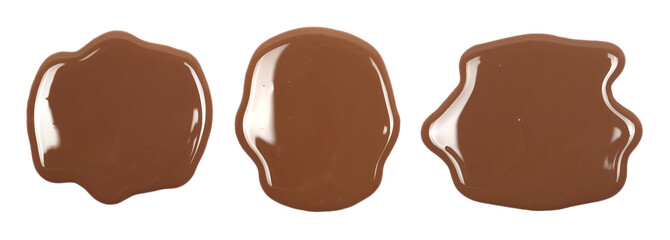 Set spilled chocolate milk puddle isolated on white background, top view	