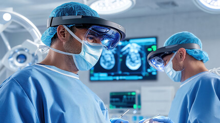 Surgeons using augmented reality glasses during surgery in operating room
