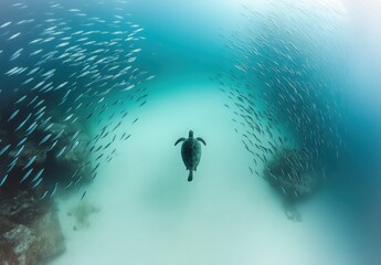 Serene Underwater Scene Featuring a Turtle Navigating Through a School of Fish in Crystal Clear Ocean Water on a Sunny Day