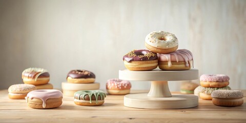 A delectable arrangement of assorted donuts on a tiered wooden stand, showcasing a variety of sweet treats with delightful toppings and drizzles