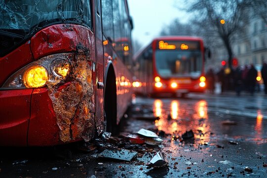 Red bus accident scene with debris on street at dusk
