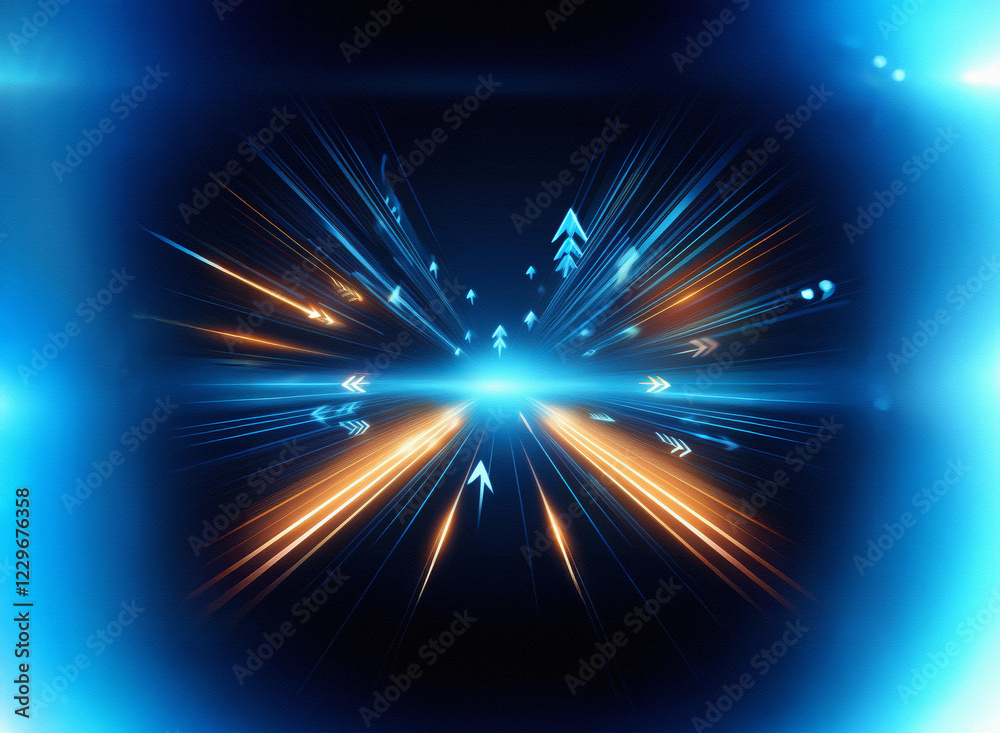 Poster Dynamic abstract artwork depicting high-speed movement, glowing streaks of light, and a sense of forward momentum.  The colors are primarily blue and orange, creating a vibrant and energetic visual.