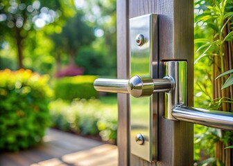 Fototapeta premium Modern Stainless Steel Garden Gate Lock & Handle, Close-up Architectural Detail