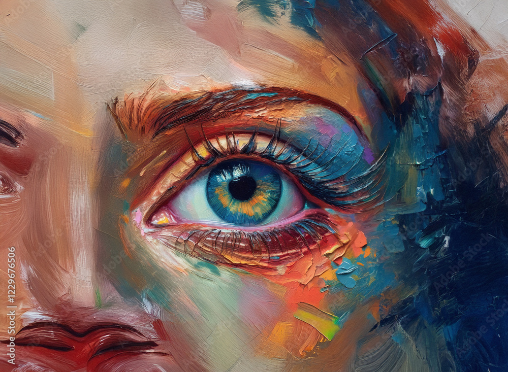 Poster Close-up of a vibrant, abstract painting depicting a woman's eye.  Bold colors and impasto technique create a textured, emotional effect. Hints of surrounding face are visible.