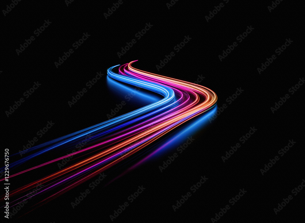 Aufkleber Vibrant, multicolored light trails curve and flow across a dark background, creating an abstract, dynamic composition.  The streaks of light suggest movement and energy.