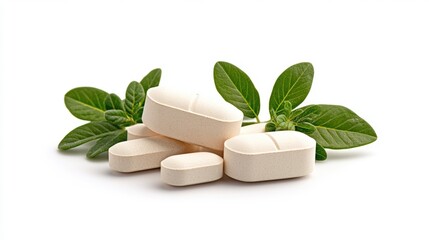 Pile of white pills surrounded by fresh green leaves on a light background for health and wellness concept