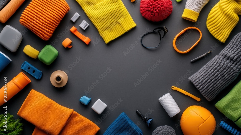 Poster assorted colorful objects arranged on a smooth black surface creating a vibrant visual display