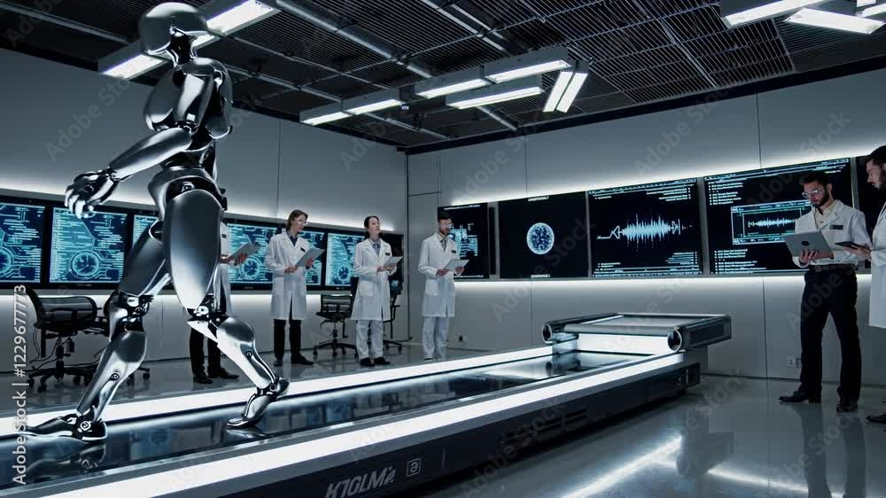 Poster scientists observe a holographic robot in a high-tech laboratory with advanced vfx and hud elements