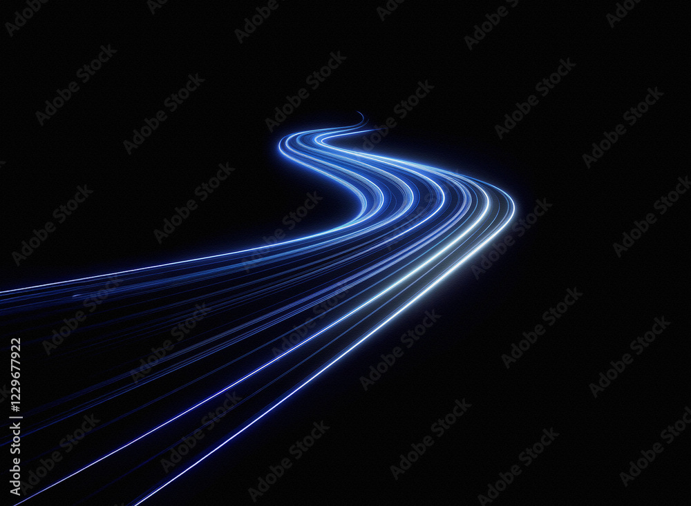 Poster abstract image of blue light trails curving on a black background, suggesting speed and movement. th