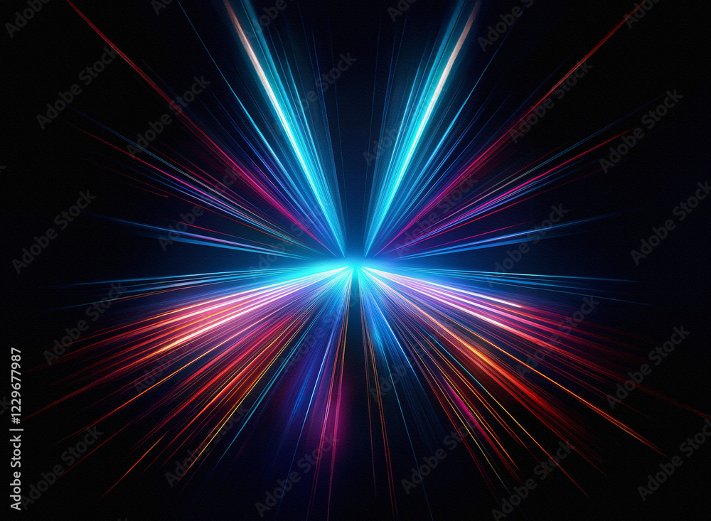 Poster A vibrant burst of light, radiating outwards in a starburst pattern.  Colors range from deep blues and purples to fiery reds and oranges, all set against a pitch-black background. The effect is dynami