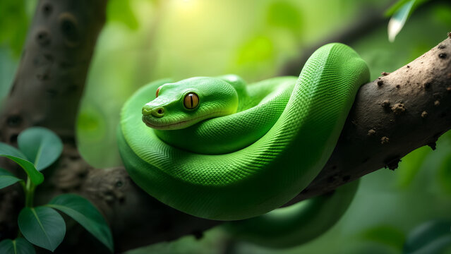 Green Tree Python in Its Tropical Habitat