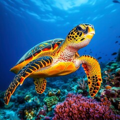 Fototapeta premium Colorful Sea Turtle Swimming Over Coral Reef Underwater Scene