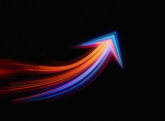 A vibrant, upward-pointing arrow streaks across a black background, its colors transitioning from fiery orange to cool blue, suggesting growth and progress.