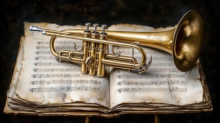 Antique trumpet rests on aged sheet music.