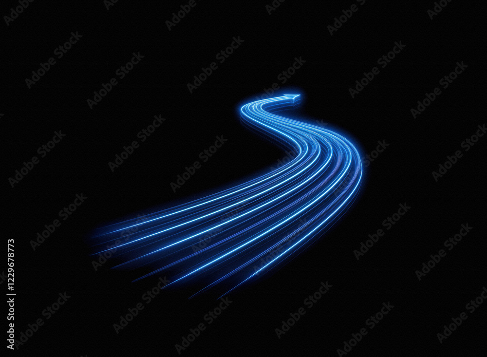 Poster glowing blue streaks curve and twist across a pitch-black background, creating a dynamic, abstract l