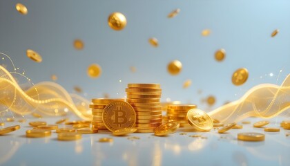 Glowing Bitcoin Symbol with Stacked Gold Cryptocurrency Coins in Modern Digital Concept 