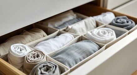 Clothes are neatly folded and stored vertically in an open drawer, showcasing efficient organization