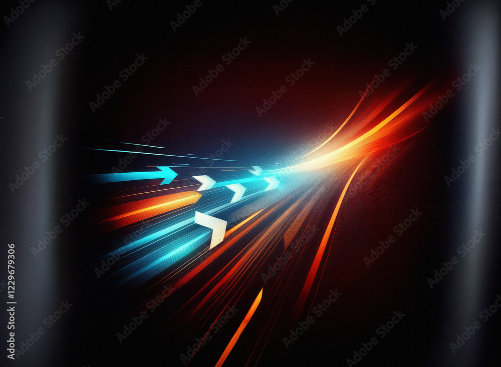 Poster abstract artwork depicting vibrant, opposing streaks of light resembling a dynamic, high-speed path 