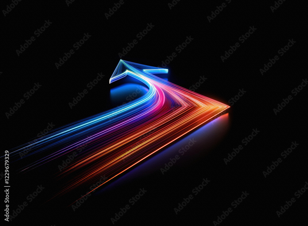 Poster Vibrant, multicolored light trails form an arrow pointing upward against a black background.  The glowing lines suggest movement and progress.