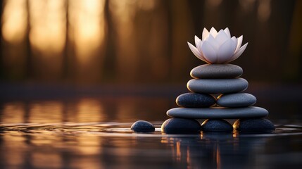 Obraz premium White flower resting on a natural pile of rocks against a neutral background in outdoor setting
