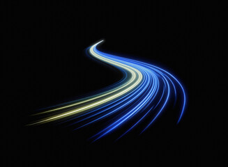 Abstract image showcasing a vibrant, curving light trail against a pitch-black background. The light's blue and yellow hues create a dynamic, energetic feel.